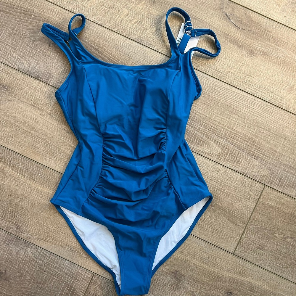 B2PRITY One Piece Swimsuit Ruched Front Womens Medium Teal Blue Adjustable Strap